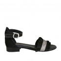 Woman's open shoe with strap in black suede and grey printed leather heel 2