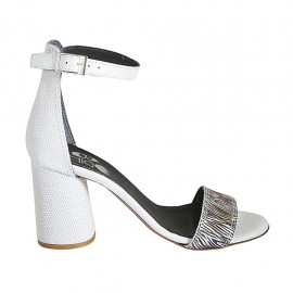 Woman's open shoe with ankle strap in white printed leather and printed striped multicolored suede heel 7 - Available sizes:  33, 34, 42, 43, 44