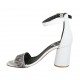 Woman's open shoe with ankle strap in white printed leather and printed striped multicolored suede heel 7 - Available sizes:  33, 34, 42, 43, 44