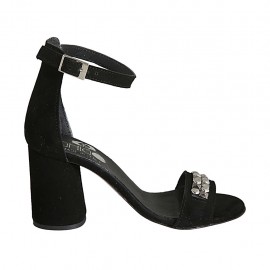 Zapato abierto con cinturon al tobillo y tachuelas para mujer en gamuza negra tacon 7 - Tallas disponibles:  45