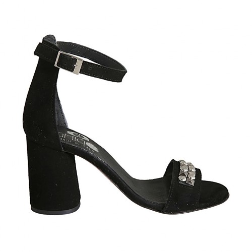 Zapato abierto con cinturon al tobillo y tachuelas para mujer en gamuza negra tacon 7 - Tallas disponibles:  45