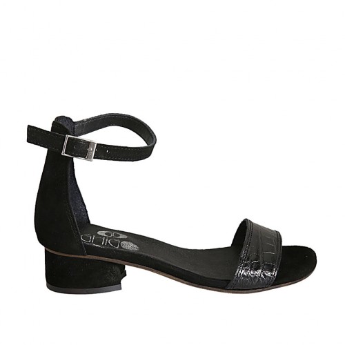 Woman's open shoe with ankle strap in black printed leather and suede heel 3 - Available sizes:  44