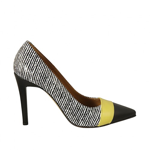 Zapato de salon puntiagudo para mujer en piel negra y blanca y charol amarillo tacon 9 - Tallas disponibles:  42, 44