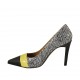 Zapato de salon puntiagudo para mujer en piel negra y blanca y charol amarillo tacon 9 - Tallas disponibles:  42, 44