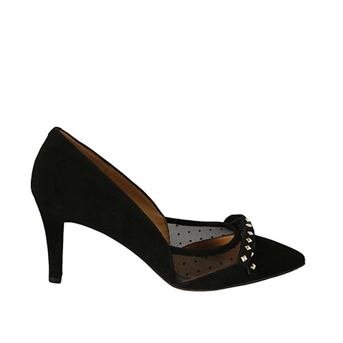 Decolté a punta da donna con fiocco e borchie in tessuto trasparente a pois e camoscio nero tacco 7 - Misure disponibili: 33, 34, 45
