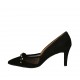 Decolté a punta da donna con fiocco e borchie in tessuto trasparente a pois e camoscio nero tacco 7 - Misure disponibili: 32, 33, 34, 42, 43, 44, 45