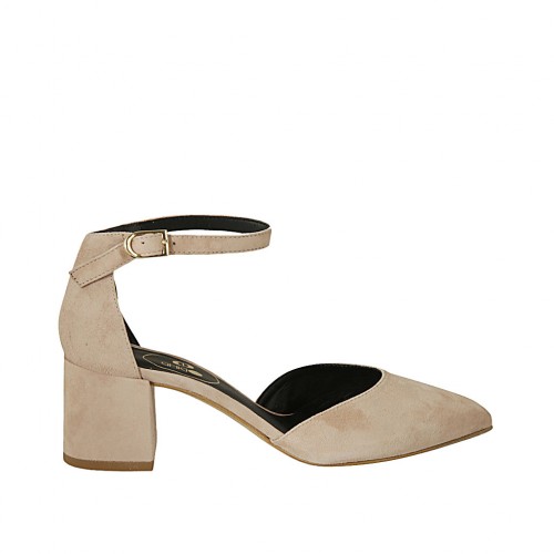 Zapato abierto con cinturon para mujer en gamuza rosa tacon 5 - Tallas disponibles:  42, 45, 46