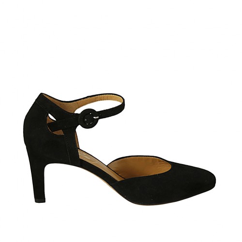 Zapato abierto para mujer con cinturon en gamuza negra tacon 7 - Tallas disponibles:  34, 43, 44, 45