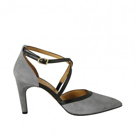 Zapato abierto con cinturon y elastico para mujer en gamuza gris y piel negra tacon 8 - Tallas disponibles:  32, 33, 34, 42, 43, 44, 45, 46