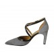 Zapato abierto con cinturon y elastico para mujer en gamuza gris y piel negra tacon 8 - Tallas disponibles:  32, 33, 34, 42, 43, 44, 45, 46