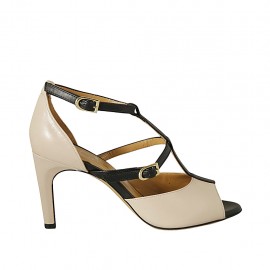 Zapato abierto con cinturones para mujer en piel desnuda y negra tacon 8 - Tallas disponibles:  32, 33, 34, 42, 43, 44, 45, 46