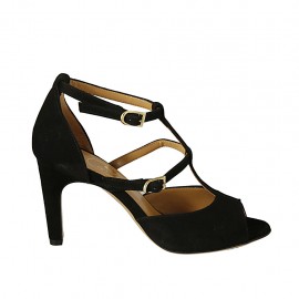 Woman's open shoe with straps in black suede heel 8 - Available sizes:  32, 33, 34, 43, 44, 45, 46
