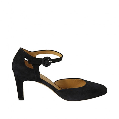 Zapato abierto para mujer con cinturon en gamuza azul tacon 7 - Tallas disponibles:  43, 44, 45