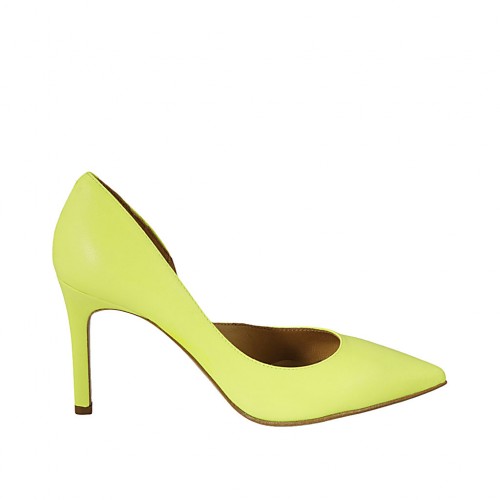 Scarpa aperta al lato da donna in pelle gialla fluorescente tacco 8 - Misure disponibili: 33, 34, 42, 43, 44
