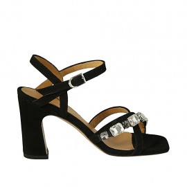 Sandalia para mujer con cinturon y piedras en gamuza negra tacon 8 - Tallas disponibles:  32, 34, 43, 44, 45, 46
