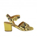 Woman's strap sandal in black and yellow printed leather heel 5