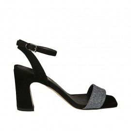 Sandalo da donna con cinturino in camoscio nero e tessuto glitterato azzurro tacco 7 - Misure disponibili: 32, 34, 43, 46