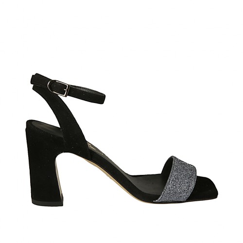 Sandalo da donna con cinturino in camoscio nero e tessuto glitterato azzurro tacco 7 - Misure disponibili: 32, 33, 34, 42, 43, 44, 45, 46