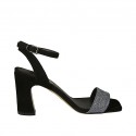 Woman's strap sandal in black suede and light blue glittered fabric heel 7