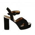 Woman's sandal in black suede and silver laminated leather with strap, platform and heel 9