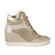 Woman's laced shoe with zipper in platinum and rose laminated leather and beige printed suede wedge 6 - Available sizes:  34, 43