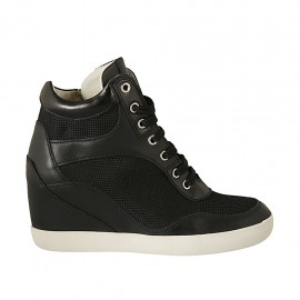 Zapato para mujer con cordones y cremallera en piel y tejido negro cuña 6 - Tallas disponibles:  33, 34, 42, 43, 44