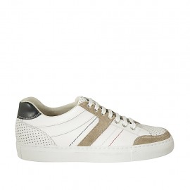 Men's sports laced shoe in blue and white leather, white pierced leather and beige suede  - Available sizes:  37, 38, 46, 47, 48, 49, 50
