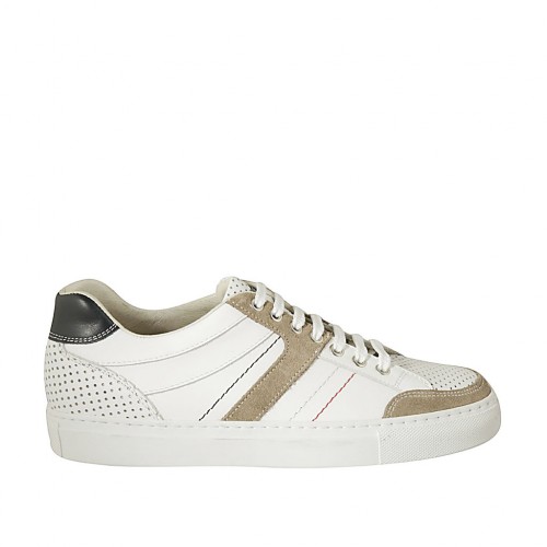 Chaussure à lacets pour hommes en cuir blanc et bleu, cuir perforé blanc et daim beige - Pointures disponibles:  37, 38, 46, 47, 48, 49, 50