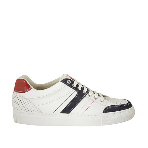 Zapato deportivo con cordones para hombre en piel blanca y roja, piel perforada blanca y gamuza azul - Tallas disponibles:  38, 46, 47, 48, 49, 50