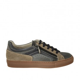 Men's laced shoe with zipper and removable insole in blue grey leather and taupe suede - Available sizes:  37, 46, 47, 48, 50