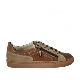 Zapato para hombres con cordones, cremallera y plantilla extraible en piel marron y color cuero y gamuza gris pardo - Tallas disponibles:  37, 38, 47, 48, 49