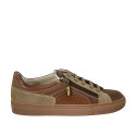 Men's laced shoe with zipper and removable insole in brown and tan leather and taupe suede