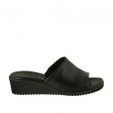 Woman's open mules in black leather wedge heel 4