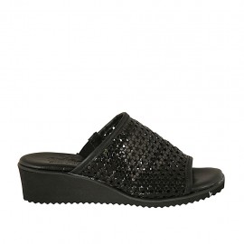 Sandalia para mujer con elastico en piel trensada negra cuña 4 - Tallas disponibles:  42, 43