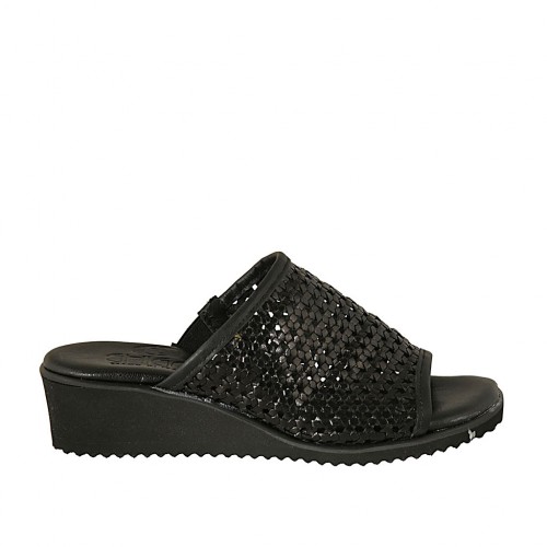 Sabot da donna con elastico in pelle intrecciata nera zeppa 4 - Misure disponibili: 42, 43