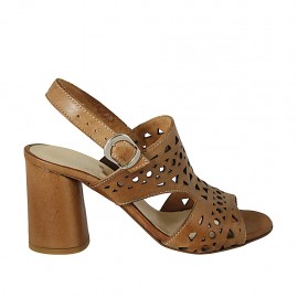 Sandalo da donna in pelle forata color cuoio tacco 7 - Misure disponibili: 32, 33, 34, 42, 43, 44, 45