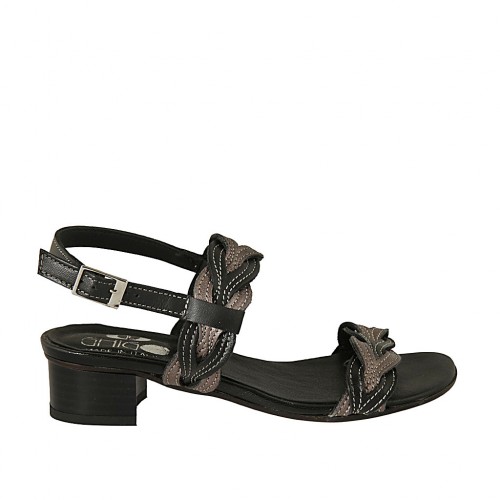 Woman's sandal in black and gunmetal leather heel 4 - Available sizes:  42, 43, 44