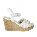 Woman's strap platform sandal in white and silver braided leather wedge heel 9
