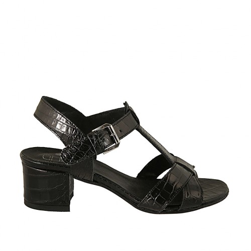 Sandalo da donna con cinturino in pelle stampata nera tacco 4 - Misure disponibili: 32, 33, 42, 43, 44