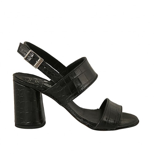 Woman's strap sandal in black printed leather heel 7 - Available sizes:  32, 33, 34, 42, 43, 45