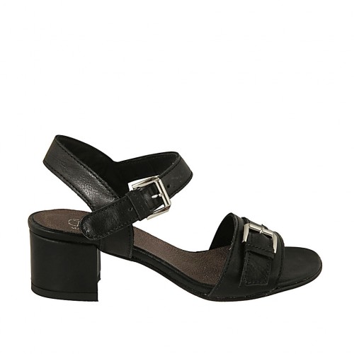 Sandalo con cinturino e fibbia da donna in pelle nera tacco 4 - Misure disponibili: 32, 33, 34