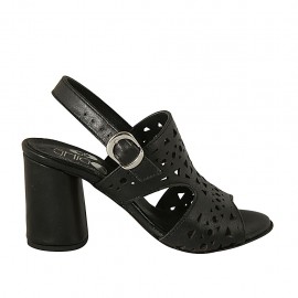 Sandale pour femmes en cuir perforé noir talon 7 - Pointures disponibles:  32, 33, 34, 42, 43, 44, 45
