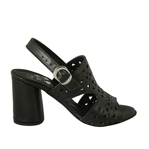 Sandale pour femmes en cuir perforé noir talon 7 - Pointures disponibles:  32, 33, 34, 42, 43, 44, 45