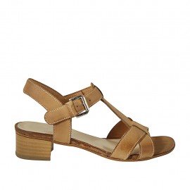 Sandalia para mujer con cinturon en piel de color cuero tacon 3 - Tallas disponibles:  43, 44