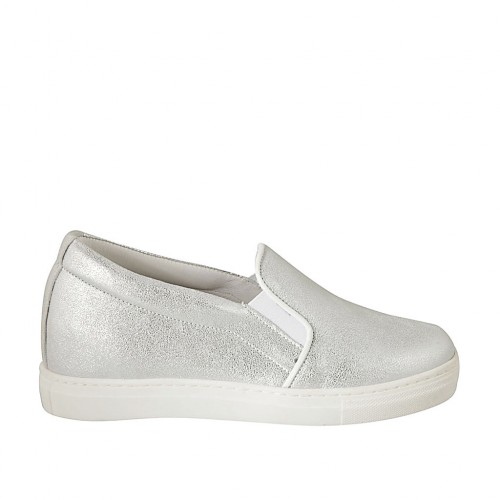 Zapato para mujer con elasticos en piel laminado plateado cuña 2 - Tallas disponibles:  32, 33, 34, 42, 43, 44, 45