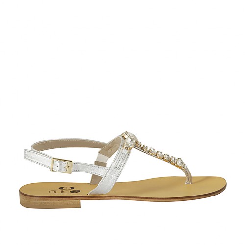 Sandalo infradito da donna con pietre in pelle argento tacco 2 - Misure disponibili: 42, 43, 44, 45, 46