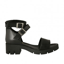 Scarpa aperta da donna con cerniera e fibbie in pelle nera tacco 5 - Misure disponibili: 42, 43, 45