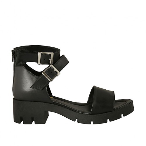 Scarpa aperta da donna con cerniera e fibbie in pelle nera tacco 5 - Misure disponibili: 42, 43, 45