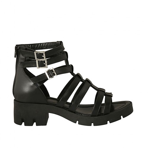 Scarpa aperta da donna con cerniera e cinturini in pelle nera tacco 5 - Misure disponibili: 42, 43, 44