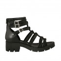 Offener Damenschuh mit Reissverschluss und Riemchen aus schwarzem Leder Absatz 5